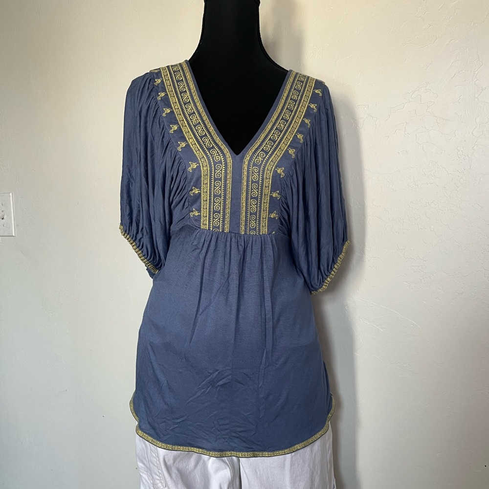 Blue and Gold Embroidered Puff Sleeve Top Boho Coastal Cowgirl Flowy